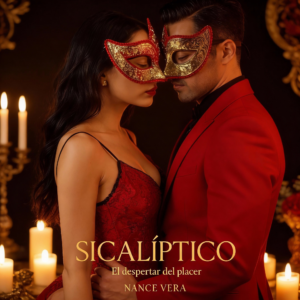 Pareja en trajes elegantes con máscaras en un ambiente con velas y decoración sofisticada.