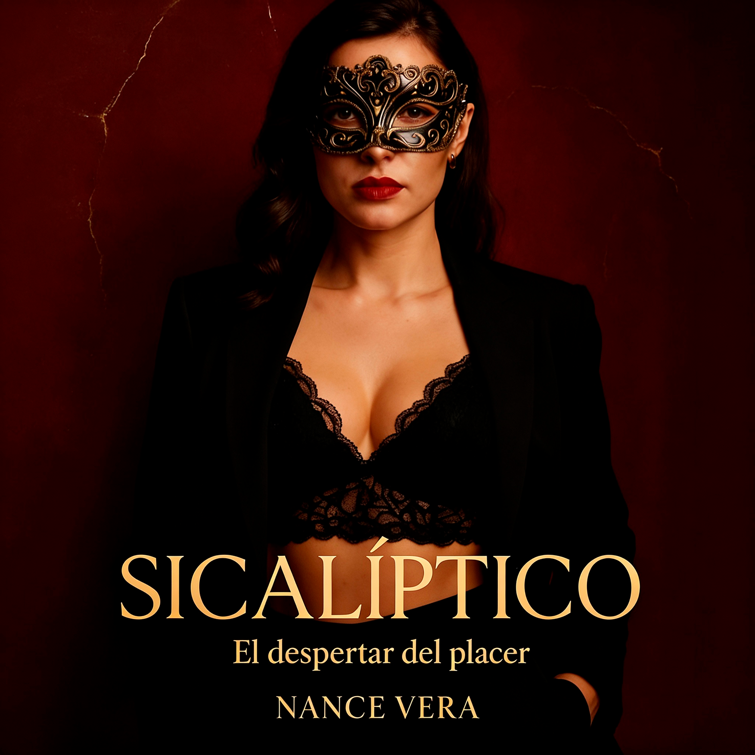 Mujer con máscara y lencería negra, posando con una actitud segura y elegante en un fondo oscuro.