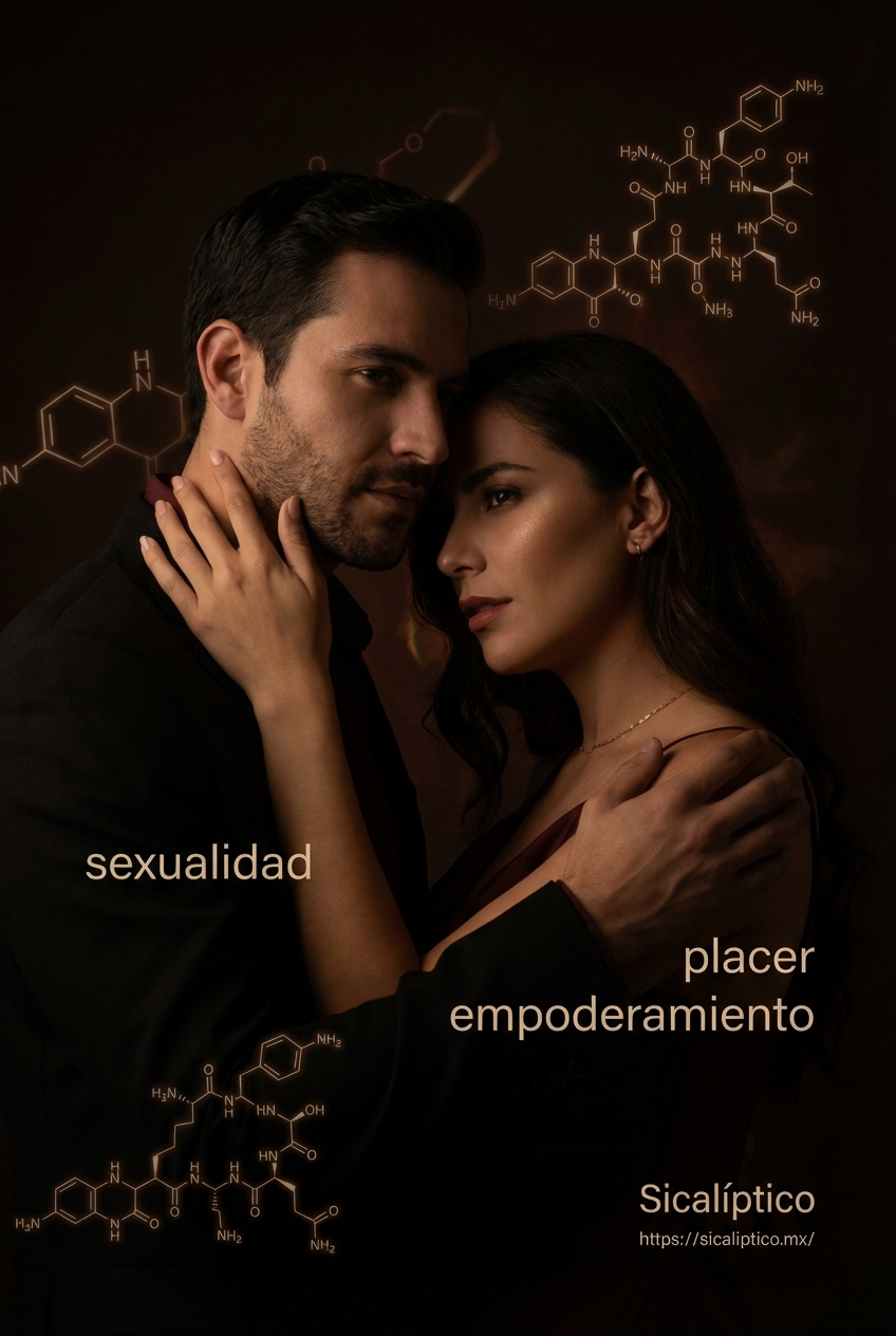 Pareja en un fondo oscuro, con palabras como 'sexualidad', 'placer' y 'empoderamiento' junto a estructuras químicas.