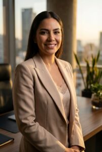 Mujer sonriente con traje claro en un entorno de oficina moderna con plantas y luz natural.