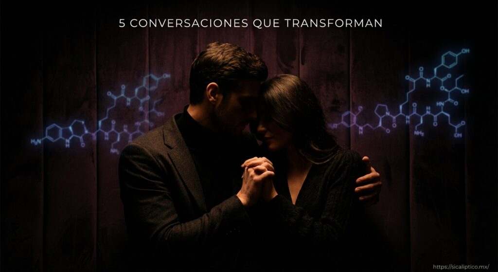 Pareja abrazándose en un fondo oscuro con fórmulas químicas iluminadas detrás de ellos.