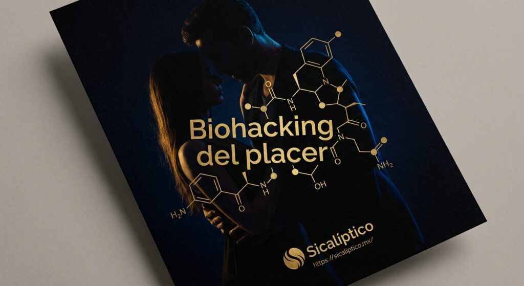Portada de un libro titulado 'Biohacking del placer' con una imagen de pareja en silueta y fórmulas químicas.