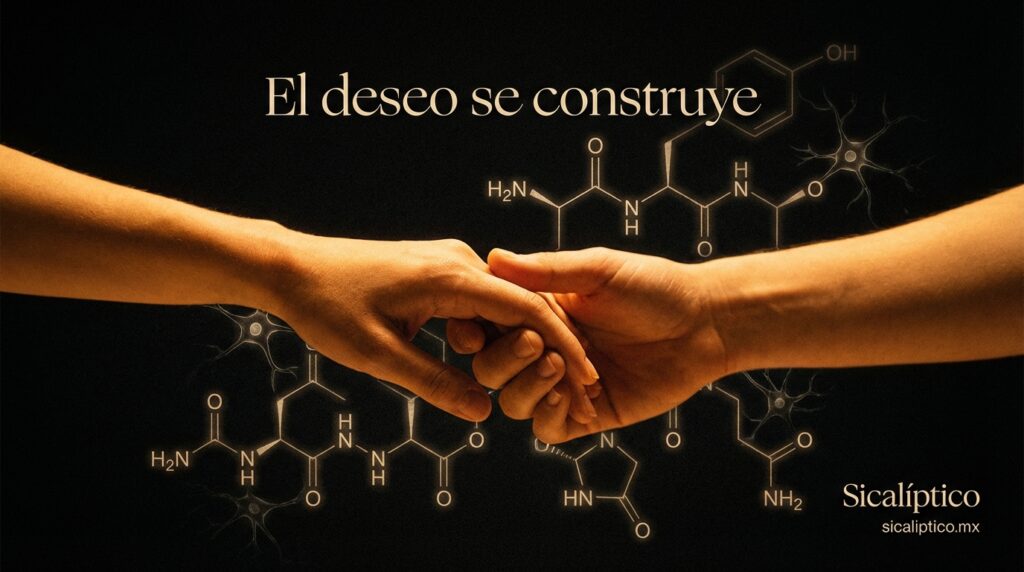 Manos entrelazadas con fondo de estructuras químicas y texto que dice 'El deseo se construye'.