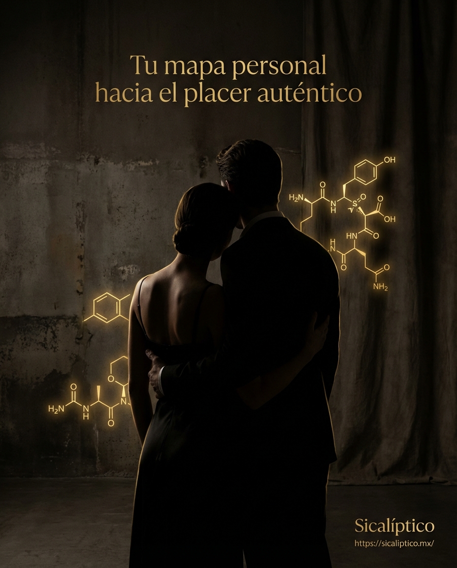 Pareja de espaldas en un entorno oscuro, con fórmulas químicas iluminadas en el fondo.