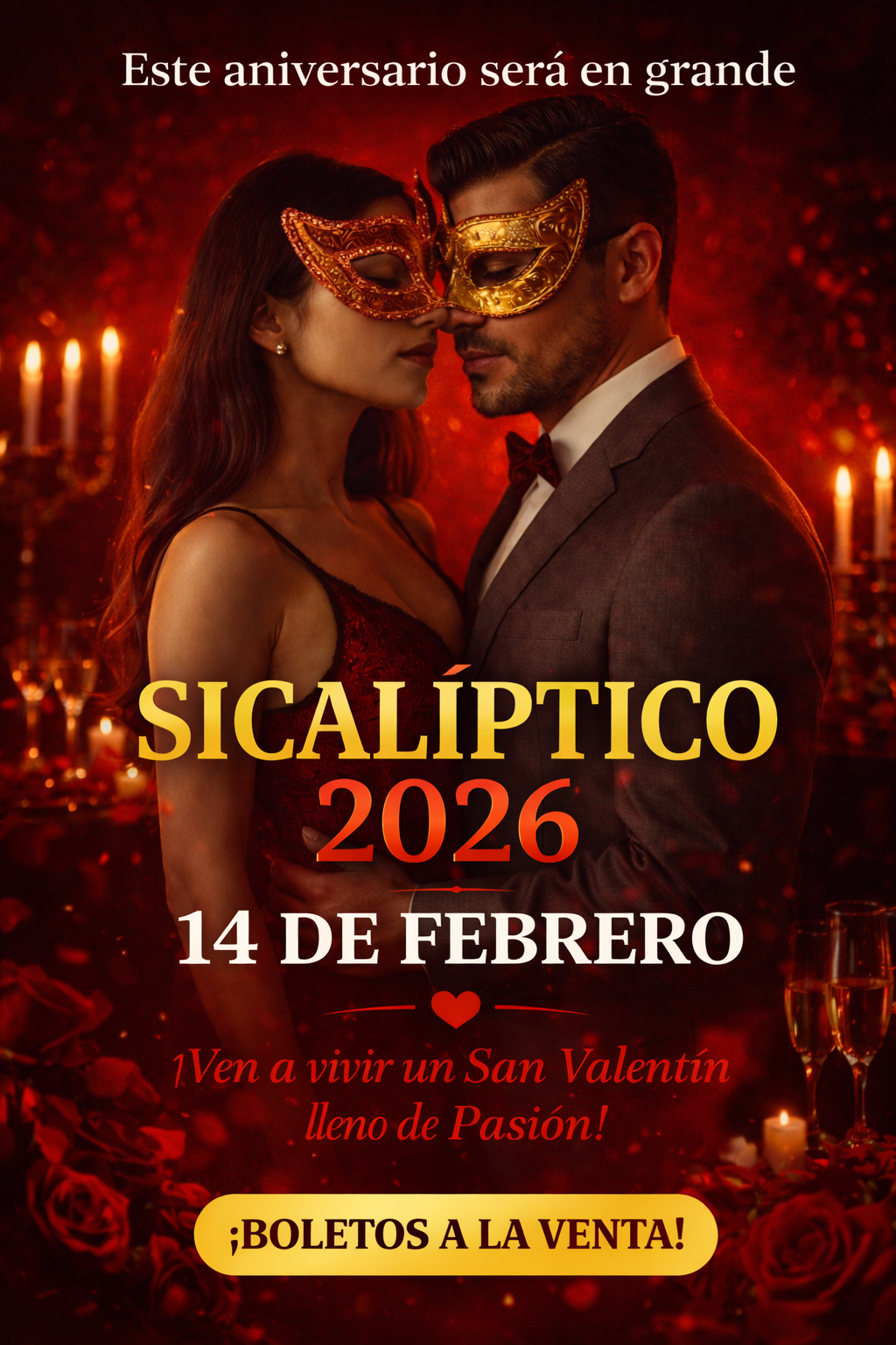 Pareja con máscaras en un evento romántico, rodeados de velas y decoraciones rojas para San Valentín 2026.