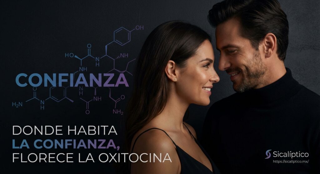 Pareja sonriente en un fondo oscuro, con la palabra 'confianza' y estructuras químicas relacionadas con la oxitocina.
