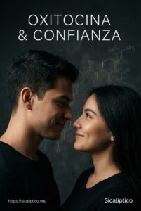 Pareja mirándose con confianza, con la palabra 'Oxitocina' y una estructura química de fondo.