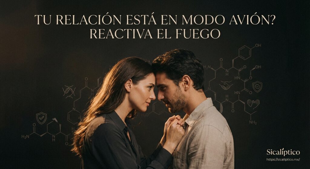 Pareja mirándose a los ojos con fondo oscuro y texto que dice 'Tu relación está en modo avión? Reactiva el fuego'.