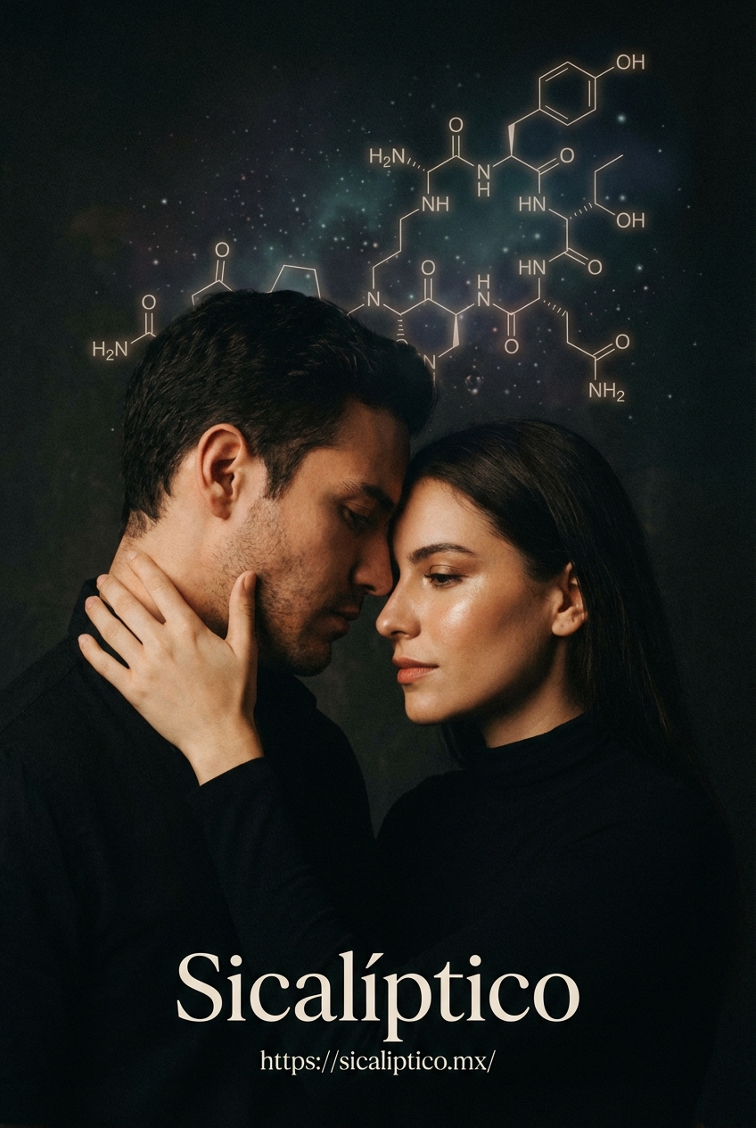 Pareja en primer plano con fondo de estructuras químicas, representando la conexión emocional y científica en Sicalíptico.