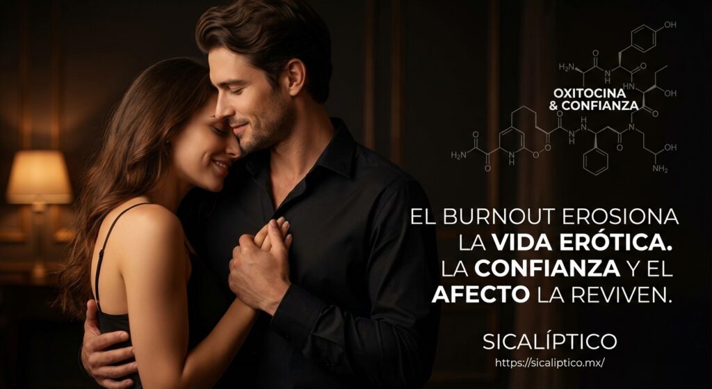 Pareja abrazándose en un ambiente íntimo, con texto sobre oxitocina y confianza en el fondo.