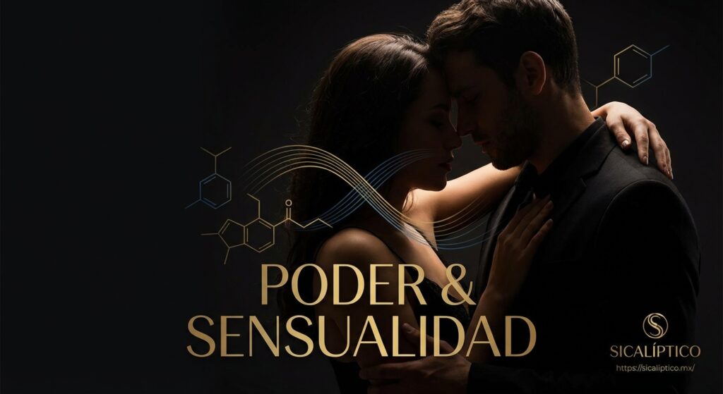 Pareja en un abrazo íntimo con el texto 'Poder & Sensualidad' en un diseño elegante.